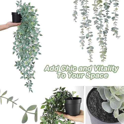 Artificial Hanging Plants 3Pcs Potted Greenery Decor - Grey Eucalyptus Mandala Snow Pea Vine in Pot Plants for Office Farmhouse Home Indoor Outdoor Decor thumbnail 5