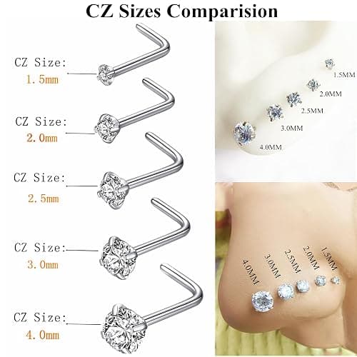 BLESSMYLOVE 316L Surgical Steel 22g/20g/18g Nose Rings Studs L-Shape Nose Nostrial Piercing Body Jewerly L Shaped Nose Studs 1.5mm 2mm 2.5mm 3mm CZ Nose Screw Studs Rings for Women thumbnail 3
