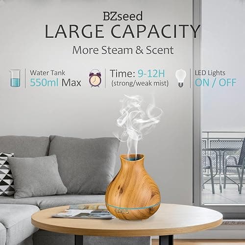 BZseed Aromatherapy Essential Oil Diffuser 550ml 12 Hours Wood Grain Aroma Diffuser with Timer Cool Mist Humidifier for Large Room, Home, Baby Bedroom, Waterless Auto Shut-off,7 Colors Lights Changing thumbnail 6