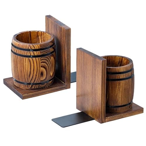 MyGift Wood Decorative Bookends with Pencil Holder, Office Desk Books Ends and Pen Holders as Vintage Wooden Barrels, Heavy Duty Bookends for Shelves, Rustic Burnt Brown Wine Barrel Design,1 Pair thumbnail 6