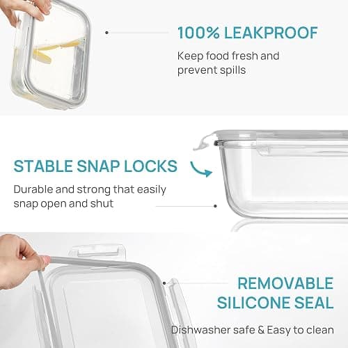 Vtopmart 2Pack 1860ml/63oz Large Glass Storage Containers with Lids, Meal Prep Food Container Set with Snap Airtight Lid for Baking, Microwave, Oven, Leak Proof, for Freezer, Dishwasher, Grey thumbnail 6