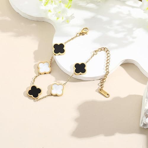 AIPPK 18K Gold Plated Clover Lucky Bracelet for Women White/Black/Red/Green Flower Four Leaf Link Bracelets Trendy Jewelry Gifts for Women thumbnail 5