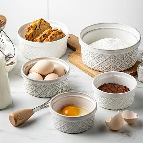 Large Mixing Bowls with Airtight Lids, Classic White Porcelain Embossed Nesting Salad Bowls for Baking and Cooking, 12/16/28/40oz Serving Bowls Set of 4, Oven and Dishwasher Safe, Thanksgiving Gift thumbnail 7