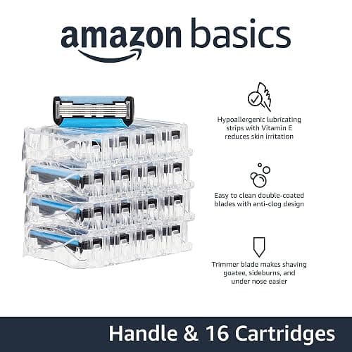 Amazon Basics 5-Blade MotionSphere Men's Razor with Dual Lubrication, Vitamin E, Precision Trimmer, 1 Handle & 16 Cartridges, Black thumbnail 2