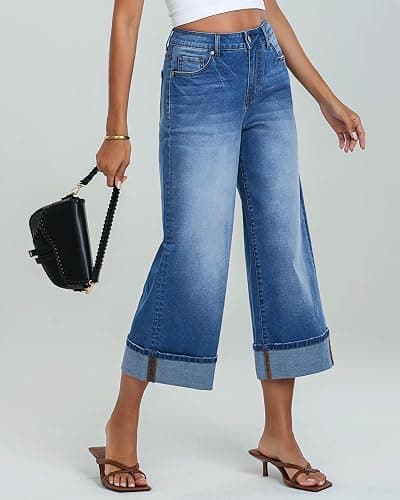 GRAPENT Wide Leg Jeans for Women High Waisted Stretchy Denim Crop Pants Fold Hem Cropped Baggy Jeans with Pockets thumbnail 3