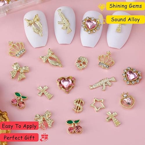 ZUMILLMN 95PCS 3D Nail Charms - Gold Alloy Bow, Gun,Heart,Cross,Star,Cherry& Crown Charms, Shiny Nail Rhinestones for Nail Art, Manicure, DIY Jewelry Making（95pcs） thumbnail 3