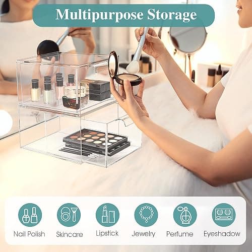 SpaceHacks 2 Pack Stackable Makeup Organizer and Storage, Acrylic Organizers，Clear Plastic Storage Drawer with Handles for Vanity, Undersink, Kitchen Cabinets, Pantry - 2 Pack - Clear thumbnail 5