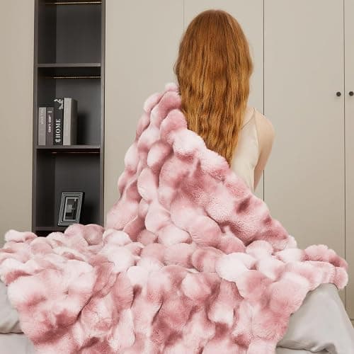 Luxury 1000GSM Faux Rabbit Fur Throw Blanket for Woman, Super Heavy Warm Cozy Blankets for Her for Couch Bed Sofa, Bubble Plush Fuzzy Elegant Soft Reversible Mink Blanket for Living Room Bedroom, Pink thumbnail 7