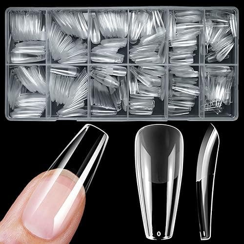 LuckForever 600pc Long Coffin Gel Nail Tips Clear Fake Nail Long Soft Gel Nail Tips Full Cover False Nail Medium Ballerina Gel for Acrylic Nails Extension Press on Nail Making - Long Coffin