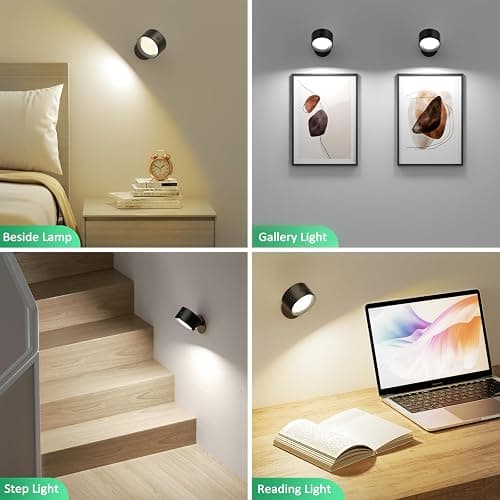 Lightbiz LED Wall Mounted Lights 2 Pcs with Remote, Wall Sconces Lamp 3000mAh Rechargeable Battery Operated, 3 Color Temperatures & Dimmable Magnetic 360° Rotation Cordless Light for Bedroom Bedside - Black-3 Color Temp Light - 2 Pcs thumbnail 2