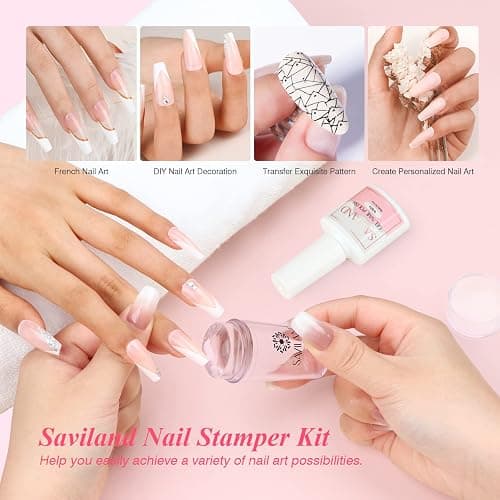 Saviland French Manicure Kit: French Tip Nail Stamp with White Gel Nail Polish Set, Jelly Silicone Nail Stamper Nail Stamper Kit for French Nails Home DIY Nail Salon - 1B-2White thumbnail 2