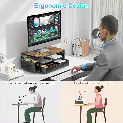 gianotter Wood Monitor Stand Riser, Office Desk Shelf Organizer, Desk Organizer with Drawer and Pen Holder, 2-Tier Computer Stand, Office Organization (Wood) thumbnail 4