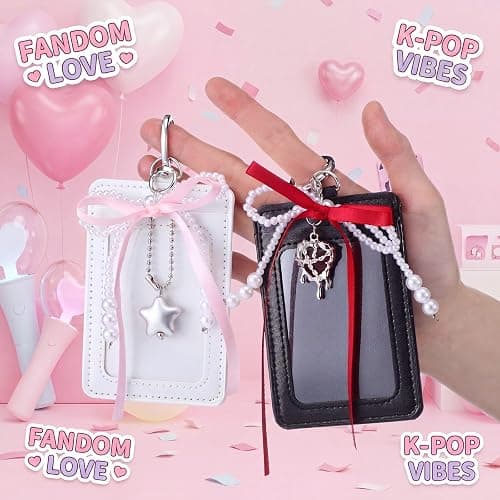 Geyoga 4 Sets Kpop Photocard Holder Keychain Cute Badge Holders, Pearl thumbnail 2