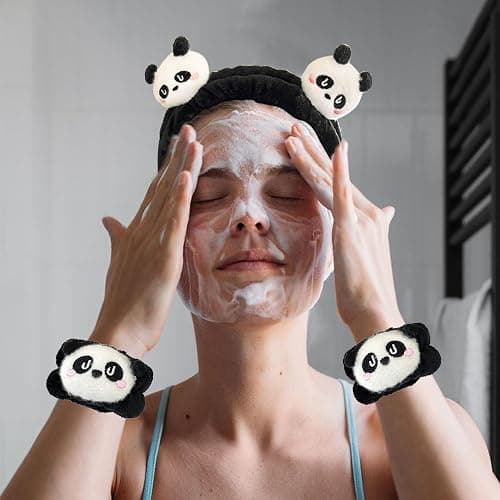JazSwirl Spa Headband Wrist Bands for Washing Face, 3 Pcs Black White Panda Face Wash Headbands, Kawaii Panda Headband with Arm Bands, Cute Animal Spa Makeup Skincare Headbands with Wristbands thumbnail 6