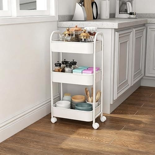 Goxeon 3-Tier Rolling Utility Cart with Caster Wheels,Easy Assembly, for Kitchen, Bathroom (White) thumbnail 5