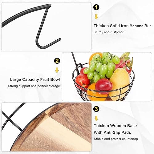 Livabber Countertop Fruit Basket Bowl with Banana Hanger, Modern Standing Fruit Vegetable Bowl Storage, with Banana Tree Holder for Kitchen Dinning Table (Round Wood, Black) thumbnail 5