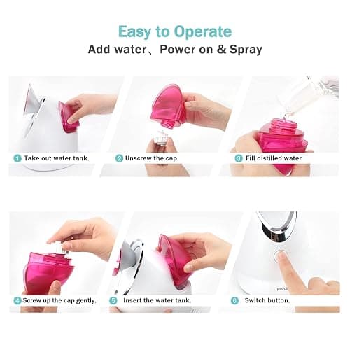 EZBASICS Face Steamer Professional, Nano Ionic Facial Steamer for Pores with Warm Mist Humidifier Atomizer and Sauna Inhaler Spa, 1-Pack + 5-Pack Stainless Steel Skin Kit Pink thumbnail 5
