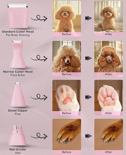 4 in 1 Rechargeable Dog Clippers Grooming Kit with 2 Speeds and Low Noise | Quiet Cordless Dog Hair Trimmer for Paw Nail Grinder, Cat Grooming Clippers for Trimming Hair on Paw Eye Ear Face (Pink) thumbnail 3
