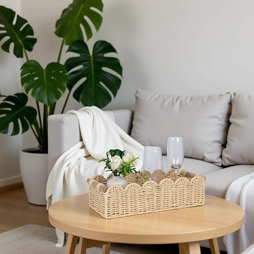 CubesLand Scalloped Edge Toilet Paper Storage Basket, Living Room Home Cozy Decor Basket, Paper Rope Small Baskets for Over Toilet Storage Shelf, End Table, Shelves, with 2 Wooden Handles, Beige thumbnail 4