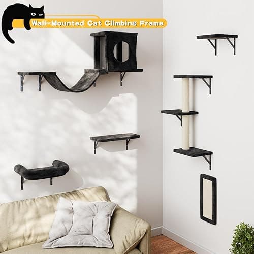 NUNU LAB Wall Mounted Cat Climber Set, 6 Pcs Cat Furniture Set with House, Bridge, Steps, Scratcher Board and Hammock, Shelves for Indoor, Luxury Walls Furniture(Black) thumbnail 2