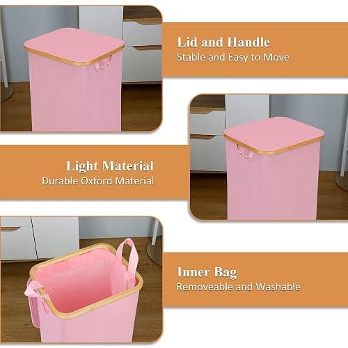 iEGrow Laundry Hamper with Lid, 110L Large Laundry Basket with Handle and Lid, Collapsible Clothes Basket Organizer with Removable Inner Bag for Clothes Toys Towels,Pink thumbnail 6