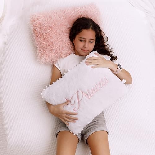 Perfectto Design Set of 2 Decorative Pillows for Toddler Kids Room. White Fluffy Princess Embroidered and Furry Pink Faux Fur Pillow. Soft and Plush Throw Pillows for Kid’s Bedroom Décor thumbnail 2