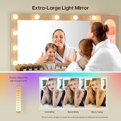 BTHFST Fluted Makeup Vanity Desk with Large 31.5" Mirror and Lights, 46.1" Wood Vanity with Charging Station & RGB Lights, Dressing Table with 6 Drawers & Cabinet & Shelves, Oak thumbnail 3