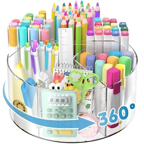 SUPEASY Acrylic Rotating Pencil Holder, 360Β° Clear Pen & Marker Organizer | Crayon Art Supply Organizer with 6 Compartments and Carry Handle for Desk, Home, Office, Classroom - Image 1