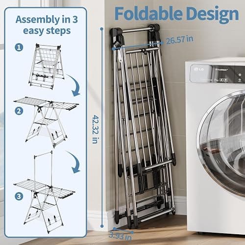 APEXCHASER Clothes Drying Rack with High Hanger, Foldable 3-Level Drying Racks with Shoe Rack, Crossbar and Vertical Rod Laundry Stand with Adjustable Wings Silver thumbnail 2