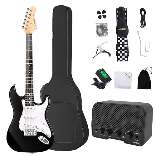 AODSK Electric Guitar with Amp Beginner Kit 39 Inch Solid Body Full Size,All Accessories,Digital Tuner,Six Strings,Four Picks,Tremolo Bar,Strap,Gig Bag,Starter kit (Black-SSS) - Image 1