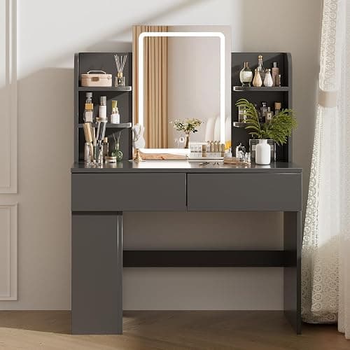 Airfish Dressing Table with LED Light,Vanity Desk with Mirror and Concealed LED Light Strip, MakeUp Desk with Two Drawers and One Sideboard (Black) thumbnail 8
