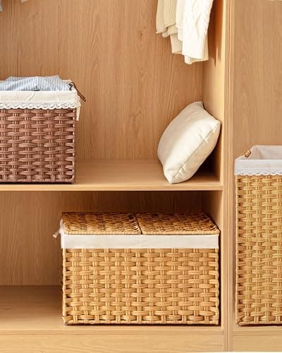 SETVSON Storage Basket with Lid Rattan Woven Storage Baskets with 2 Separate Lids, 17.2 Gallon (65 L), 22 x 13 x 13.8 Inches,Foldable, 2 Removable Liner Bags Handles for Bedroom, Laundry Room Natural thumbnail 2