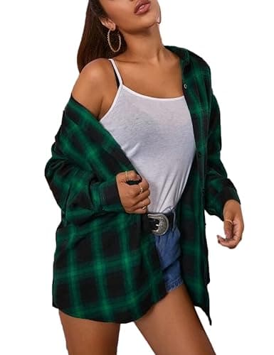 HangNiFang Womens Flannel Plaid Shirts Oversized Button Down Shirts Blouse Tops - Image 1