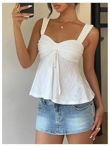 Milumia Women's Eyelet Tie Front Ruched Tank Tops Y2k Drawstring Sexy Going Out Top thumbnail 4
