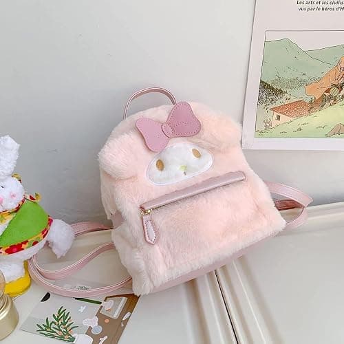 trettitre My Melody Small Cute School Bag，Pink Furry Fabric with Bow Design,My Melody Plush Mini Backpack,Adorable Bag Handbag for Girls Kids Fans Birthday Present School Supplies thumbnail 4