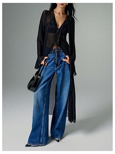 Verdusa Women's Goth Tops Y2K Mesh Tie Front Tops Bell Sleeve Tops Long Shirt 2000s Clothing thumbnail 5
