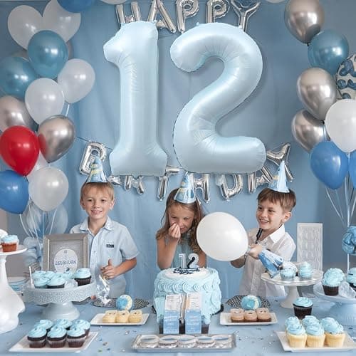 Foil 12 Balloon, Light Matte Sky Blue Big Number 12 Balloons for Boys Birthday Party Decor, 40 Inch Mylar Helium Number 12 Pastel Baby Blue Balloon for 12th Birthday Party Anniversary Decorations thumbnail 4