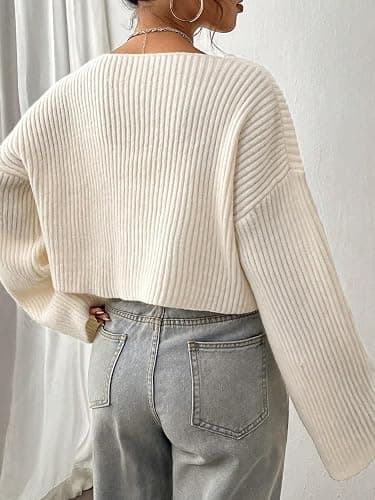 Floerns Women's Long Sleeve Pullover V Neck Drop Shoulder Rib Knit Sweaters Top - Small - Apricot thumbnail 2