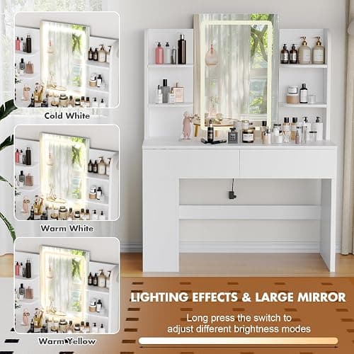 Devoko LED Lighted Dressing Table with Adjustable Brightness, Makeup Table with Mirror, with 2 Large Drawers and 4 Open Shelves and Side Locker, 90 x 40 cm, Modern Style for Bedroom, White thumbnail 4