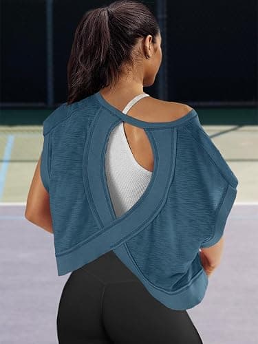 Panadila Womens Open Back Workout Top Oversized Workout T Shirts Backless Athletic Shirt Short Sleeve Baby Tee thumbnail 4
