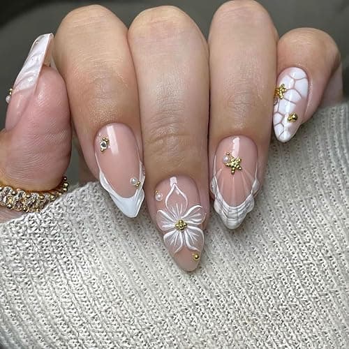 LPOODDNU 3D Almond Press on Nails - White French Tip Medium Fake Nails with Flower Pearl Star Designs, Glossy Finished Reusable False Nails with Adhesive Glue Tabs - 24Pcs Nail Kit for Women Manicure - Image 1