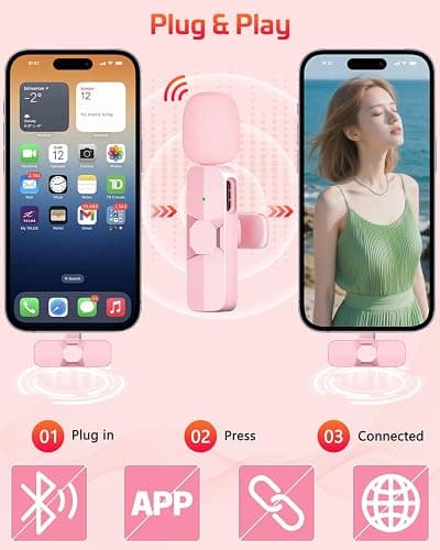 HONGJIEYUAN Pink Wireless Lavalier Microphone for iPhone & Android - Mini Clip-On Mic with Noise Cancellation, 65ft Range, 8H Battery, USB-C/Lightning - for TikTok, YouTube, Podcast, Live Streaming thumbnail 3