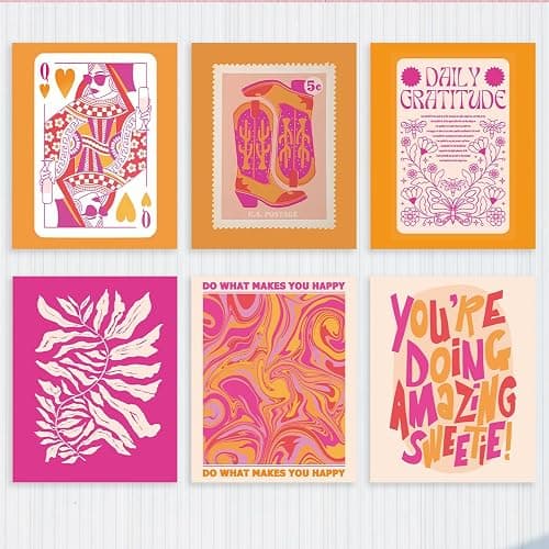 6 PCs Pink and Orange Wall Art Prints Preppy Wall Decor Preppy Stuff Funky Trendy Poster Modern Girly Painting for College Drom Apartment Living Room Girls Bedroom Home Decorations - Image 1