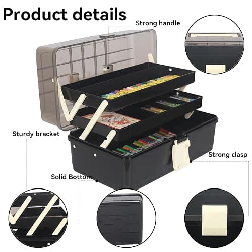 WEWLINE 13-Inch Art Storage Box 3-Layers Plastic Storage Box with Handle Craft Art Bin Portable for Home School Office Travel, Black thumbnail 4