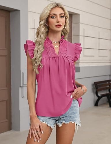 AKEWEI Womens Summer Ruffle Sleeve Lace Embroidered V Neck Work Blouses Pleated Tank Top thumbnail 4
