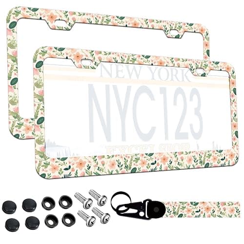 2-Pack Cute Pink Floral Green Leaves License Plate Frames for Women, 2 Holes Pink Flower and green foliage License Plate Holder, Floral License Plate Cover fits US Vehicles with Keychain Wrist Lanyard - Image 1