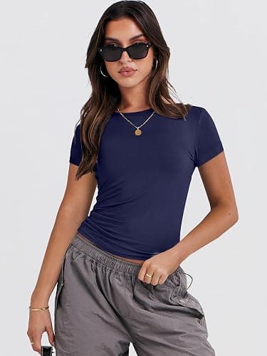 ANRABESS Women’s Short Sleeve Summer T Shirts Crew Neck Slim Fit Basic Tees 2025 Crop Tops Y2k Clothes Outfits thumbnail 2