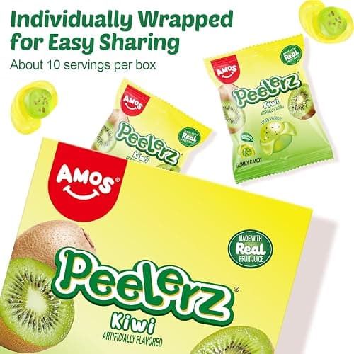 AMOS Peelerz Kiwi Gummy Candy, Peelable Naturally Flavored Fruit-Inspired Easter Candy, 8.47oz Box with 10 Individual Packs – Playful Kiwi Snack with Chia Seeds, Made with Real Juice thumbnail 5