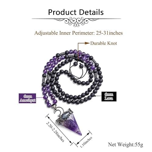 Jovivi 6mm Natural Amethyst Crystal Pendulum Necklace Lava Rock Labradorite Healing Chakra Triangle Pendulum Crystal w/Moon 25inches Adjustable thumbnail 5