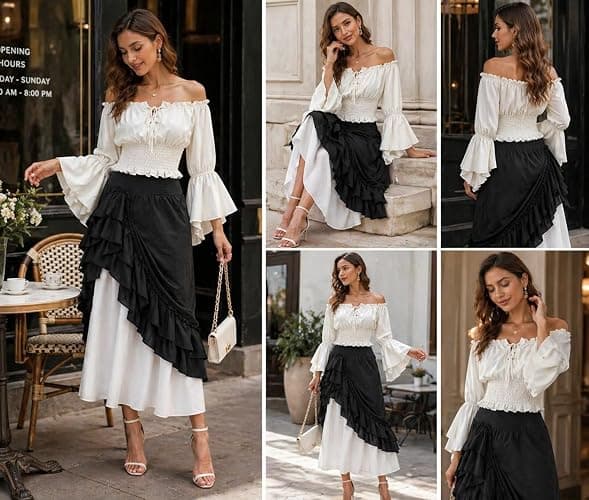 Womens Casual-Elastic-Ruffled Renaissance-Skirt - High Waist Double-Layer Lace Ruffle Renaissance Maxi Skirts thumbnail 7
